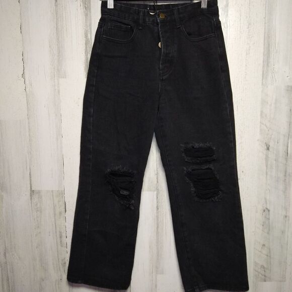 Princess Polly Size 2 Black Button Fly Crop Jeans - Picture 1 of 10